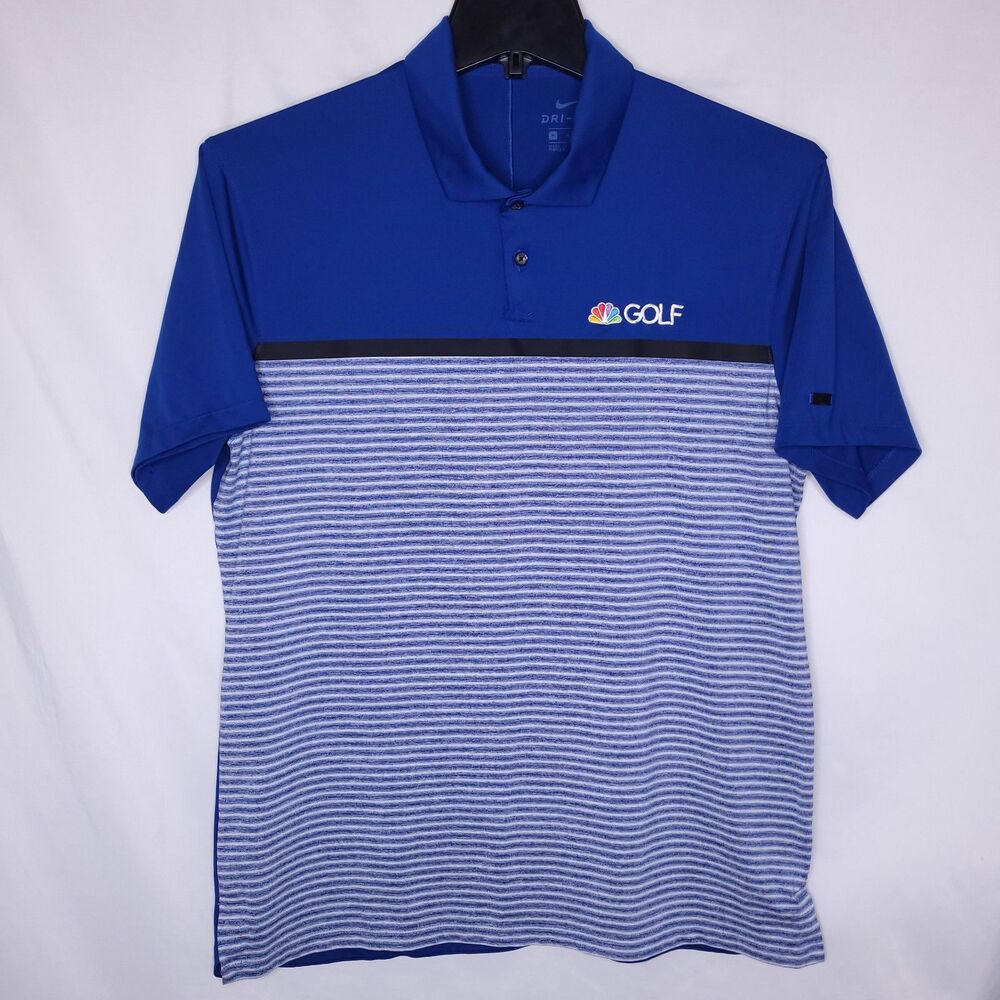 Nike Polo Shirt Mens Medium Striped Blue, White Dri Fit NBC Golf Tiger Woods - Picture 2 of 12